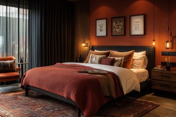 Cozy bedroom with warm tones and modern decor in contemporary home setting