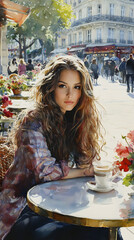 A beautiful woman with long, curly hair is sitting at an outdoor café in Paris
