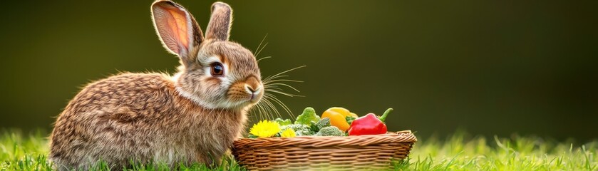 Obraz premium A cute rabbit nibbling on a snack beside a basket filled with colorful fruits, set against a soft green background.