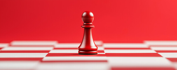 striking red chess pawn stands confidently on red and white checkered board, symbolizing determination and strategy in game of chess
