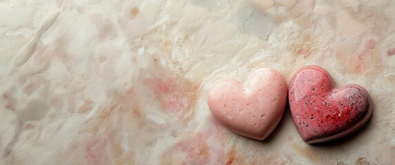 Fototapeta premium Two stone hearts resting on a white granite background. Valentines day concept.