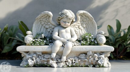 Serene cherubic angel statue seated on an ornate bench, adorned with delicate flowers.