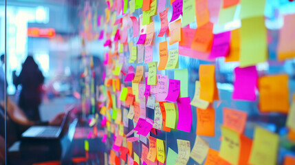 Collaborative brainstorming session office space sticky notes wall creative environment close-up view teamwork inspiration