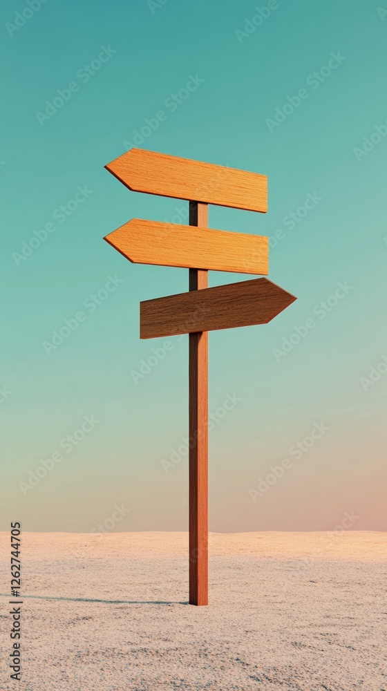 Poster three wooden arrow signs pointing in different directions in the desert represent choice, decision m