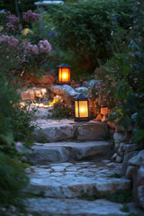 Decorative small solar lights by the stone steps in a garden. Garden illumination at night, solar powered lamps.