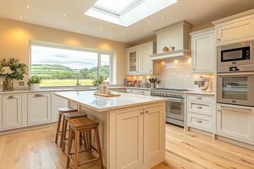 Fototapeta premium Elegant kitchen with modern design and scenic countryside view during daylight hours