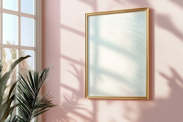 Retro travel poster mockup in vintage gold frame on a soft pink wall with lush plantexterior