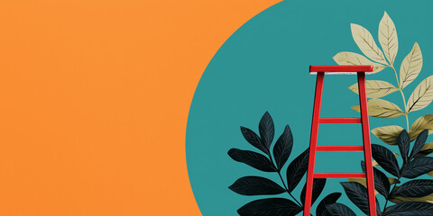 vibrant red ladder stands against colorful backdrop, surrounded by lush green leaves and bold orange circle, symbolizing growth and creativity