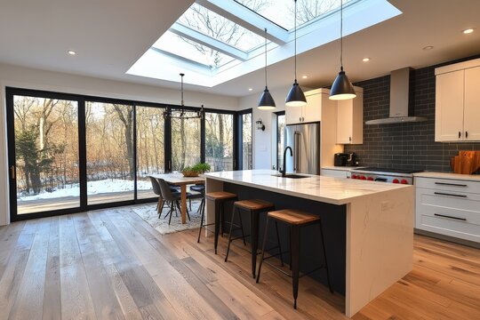 Modern kitchen with skylight and large windows, blending indoor and outdoor spaces in a serene setting