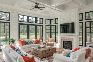 Obraz premium Stylish living room with large windows and contemporary decor overlooking serene landscape