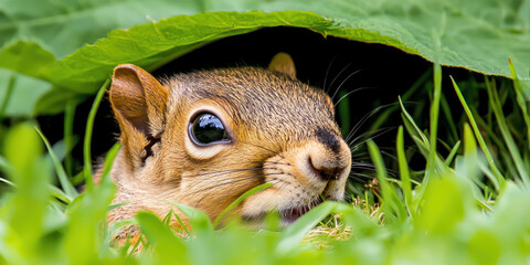 squirrel foraging in grass, hiding under large leaf, showcasing its curious expression