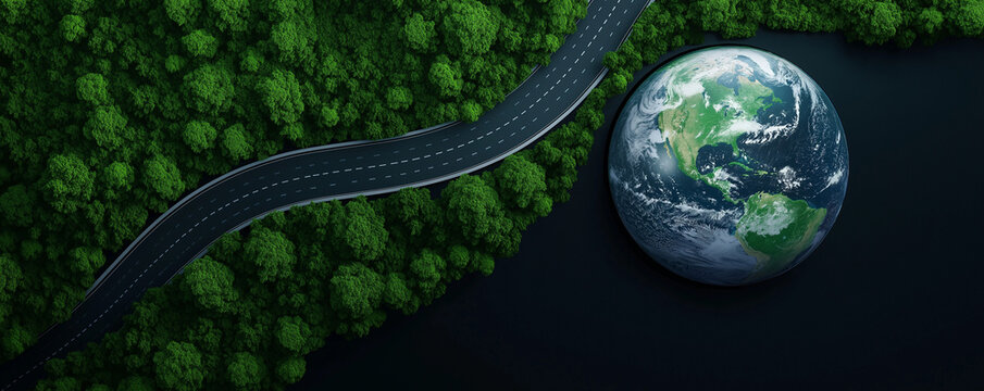 Aerial view of winding road beside lush green landscape and globe, symbolizing harmony between nature and travel. scene evokes sense of adventure and environmental awareness