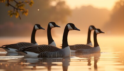 Canada geese swimming on a calm lake at sunrise
