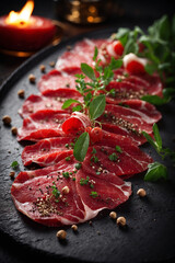 Elegant beef carpaccio appetizer with fresh herbs & garnishes. Perfect for fine dining menus, food blogs, and gourmet cuisine projects