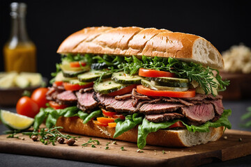 Overloaded meat sandwich with fresh veggies! Delicious and impressive for food blogs and menus