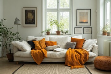 Fototapeta premium Cozy living room with bright cushions, plants, and natural light for a serene atmosphere