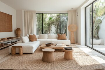 Fototapeta premium Cozy modern living room with natural elements and large windows in a serene indoor garden setting