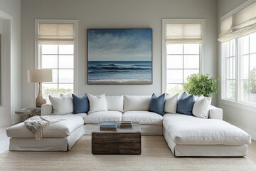 Cozy living room with a large sectional sofa and elegant ocean-themed artwork in natural light