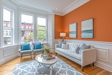 Fototapeta premium Modern living room featuring vibrant orange walls and elegant furnishings in a cozy urban apartment
