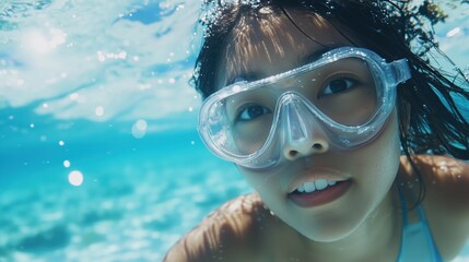 Naklejka premium Maldivian Atoll Snorkeling Photography: Asian Traveler Portrait Immersed in a Vibrant Underwater Tropical Wonderland of Color and Life.