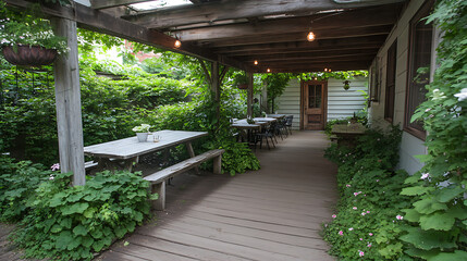 Outdoor Patio Deck with Picnic Table and Plants on a Covered Terrace in a Backyard Garden