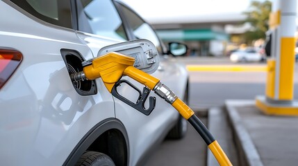 Daytime close-up of vehicle refueling at urban gas station service location