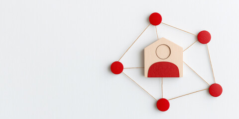 Obraz premium Building strong connections through innovative strategies, this features wooden house icon connected by red circles, symbolizing market penetration and networking