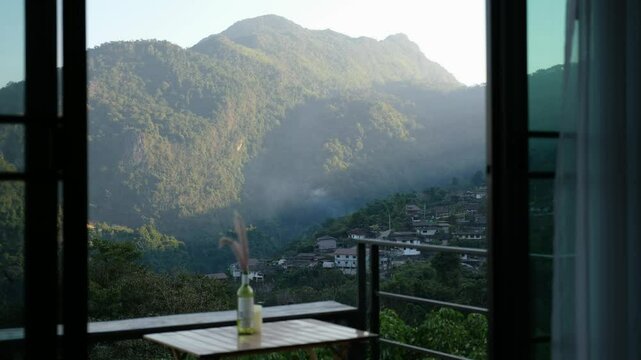 Landscape view of the rural village in the mountains outside the room