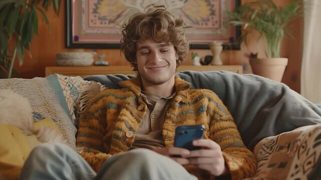  Young Hippie-Style Man Smiling While Reading on His Phone