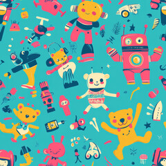 A whimsical toy box pattern where teddy bears, robots, and dolls come to life, dancing and playing together