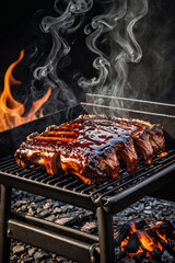 BBQ ribs grilling with a glossy sauce and rising steam. Perfect image for menus, BBQ promotions, and summer cookouts