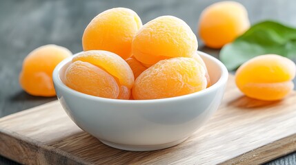 Delicious apricot halves in bowl kitchen setting food photography natural light vibrant colors