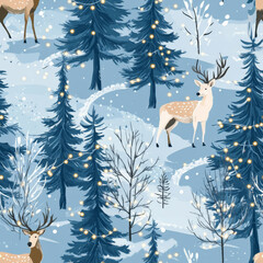 A serene winter forest pattern with snow-covered pine trees, deer, and twinkling fairy lights