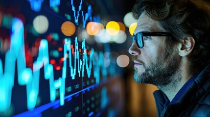 Business executive analyzing financial stock market trends on a large digital display with glowing data points. Concept of investment, global finance, and economic decision-making...