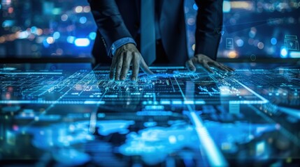 Executive using a futuristic digital interface with holographic data visualization in a control room, advanced technology, data management, corporate decision-making.