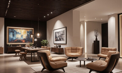 Fototapeta premium Luxury office lounge with deep armchairs, a low wooden table, and soft leather accents. Ambient lighting from pendant fixtures creates a sophisticated atmosphere,