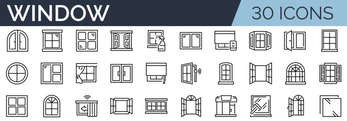 Set of 30 outline icons related to window.  Linear icon collection. Editable stroke. Vector illustration	