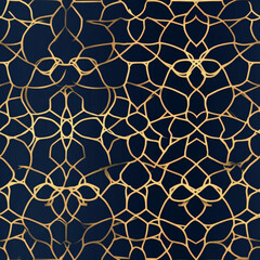 A luxurious Ramadan pattern with golden geometric motifs on a deep navy blue background