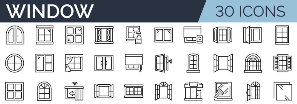 Set of 30 outline icons related to window.  Linear icon collection. Editable stroke. Vector illustration	