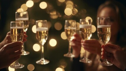 a group of people celebrating, close-up clinking glasses. hands raising champagne glasses in celebratory toast with golden bubbles and festive bokeh. sophisticated and joyful ambiance Generative Ai