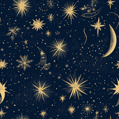 Naklejka premium A magical starry night Christmas pattern with golden celestial elements and soft snowfall