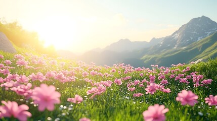 Obraz premium A vibrant meadow filled with colorful wildflowers, butterflies fluttering around under a bright blue sky.