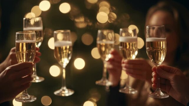 a group of people celebrating, close-up clinking glasses. hands raising champagne glasses in celebratory toast with golden bubbles and festive bokeh. sophisticated and joyful ambiance Generative Ai