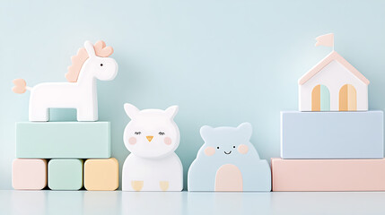 Pastel Toys Arrangement Featuring Unicorn Owl Hippo and House Blocks in Soft Light Setting