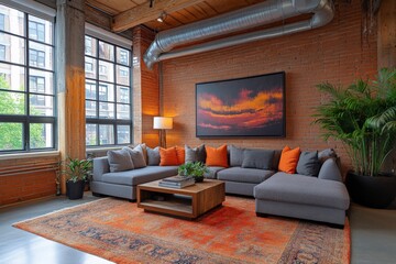 Modern living room features industrial design with cozy seating and vibrant decor in an urban loft