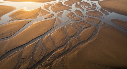 Sand Patterns and Water Channels at Low Tide During Golden Hour