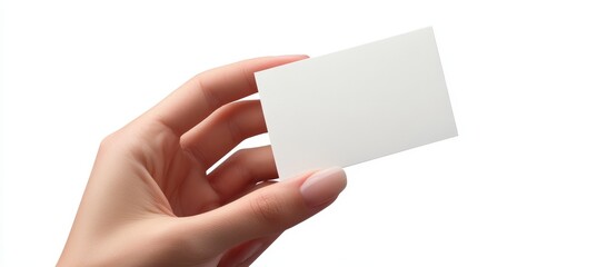 Obraz premium Woman s Elegant Hand Holding a Blank White Card, Isolated on White Background with Copy Space