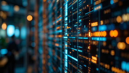 Fototapeta premium close up view of digital data wall displaying vibrant blue and orange lights, representing technology and information