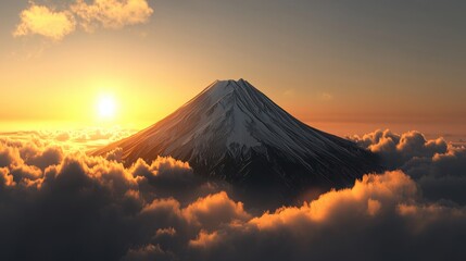 Fototapeta premium 3D hyper-realistic Mount Fuji, snow-capped peak glowing under golden sunrise.