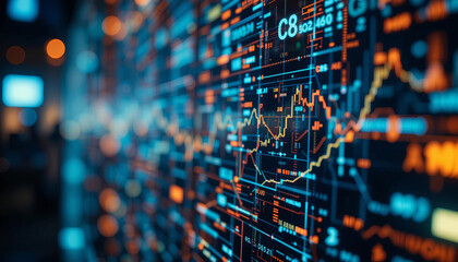 Obraz premium Digital data visualization with graphs and charts showing trends and statistics in finance, technology, and analytics